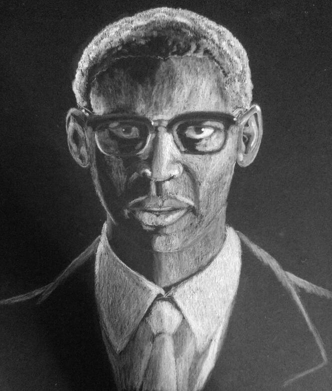 Denzel Washington as Malcolm X (White chalk pastel on black paper)
